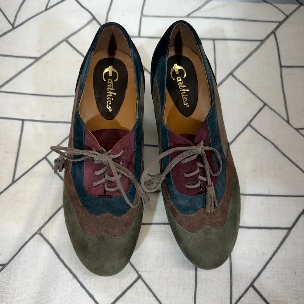 Earthies Skellig Platform Oxfords 7.5B Dark Olive Multi Suede Colorblock Tassel